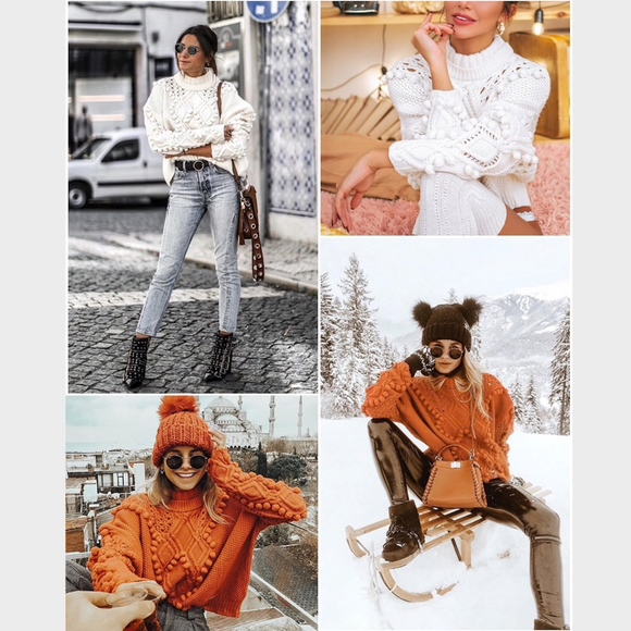 Pom Pom Detail Oversized White Sweater High Neck - Picture 3 of 8